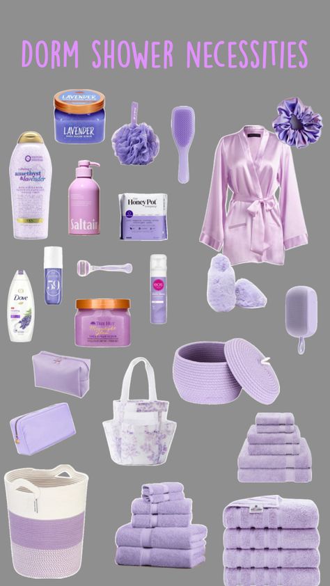 Purple shower necessities|dorm room inspiration|purple shower products|shower necessities and essentials,purple shower products,purple shower caddy,purple towels,purple towels,honey pot wipes,silk srunchies,purple speaker,purple body scrub,purple hair brush Room Inspiration Purple, Shower Necessities, Dorm Necessities, Purple Shower, Shower Products, Dorm Room Inspiration, Honey Pot, Dorm Room, Room Inspiration