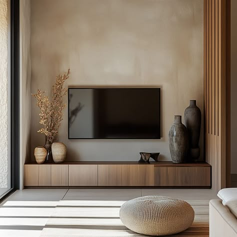 The Plaster Tv Wall Design, Modern Tv Backdrop, Living Room Tv Wall Stone, Living Room Wood Designs, Minimal Media Wall, Minimalist Living Room Tv Wall, Minimalist Bedroom Tv Wall, Japandi Tv Wall Design, Small Space Tv Unit Design