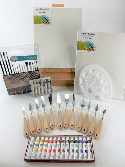 Deluxe 51 Piece ARTIST STARTER KIT Painting Set Acrylic Oil Brushes Canvas Easel The Deluxe 51 Piece Artist Starter Kit has everything an aspiring artist needs to begin their creative journey. The portable easel folds up for easy storage and travel to art class or adventurous outdoor painting destinations. The easel also doubles as a carry case for your pallet, brushes, paint tubes and other necessities.  The set includes 15 brushes and 12 painters knives to help create your masterpiece on the p Acrylic Paint Set Art Supplies, Painting Materials Art Supplies Aesthetic, Oil Painting Tools, Paint Sets Art Supplies, Painting Materials Art Supplies, Art Supplies Aesthetic, Presents For Artists, Painting Items, Canvas Easel