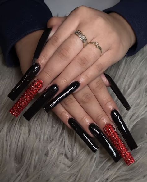 Long Square Acrylic Nails Red And Black, Red And Black French Tip Acrylic Nails, Long Black Prom Nails, Black And Red Nails For Prom, Matte Black Red Bottom Nails, Xl Black Acrylic Nails, Black Nails With Red Gems, Black Red Bottom Acrylic Nails, Red And Black Nails Acrylic Coffin Long