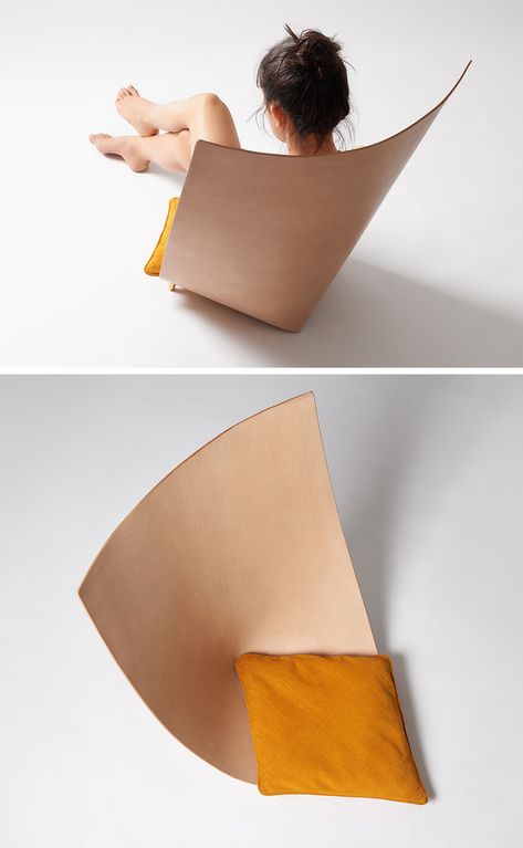 Jordi Ribaudí has designed a modern and sculptural chair, that's made from a single leather piece that backs back on itself to create the backrest, while small brass feet keep the structure together. #Design #Furniture #Chair #Seat #Leather Japanese Chair Design, Small Leather Chairs, Modern Chair Design, Modern Leather Chair, Unique Chairs Design, Sculptural Chair, Chair Design Modern, Low Chair, Innovative Furniture