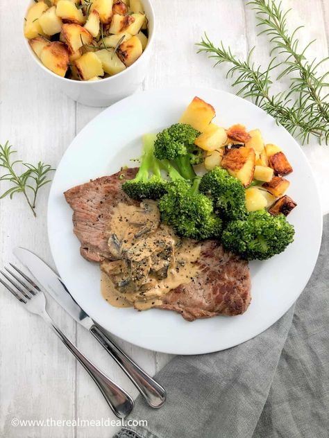 rose veal escalopes on plate with mushroom sauce and broccoli and roasted potatoes Beef Escalope Recipe, Veal Escalope, Veal Steak, Skirt Steak Recipes, Broccoli Nutrition, Rosemary Potatoes, British Rose, Veal Recipes, Creamed Potatoes