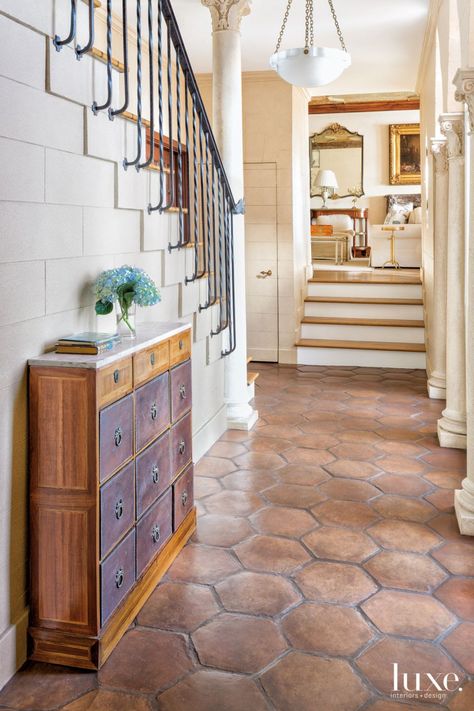 Terra Cotta Flooring, Terra Cotta Floors, Portuguese House, Accent Floor, Terracotta Floors, Viking Range, Saltillo Tile, Floor Designs, Leather Cushions