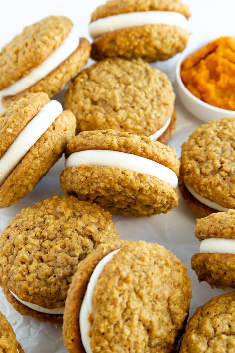 Pumpkin Sandwich Cookies, Spice Oatmeal Cookies, Marshmallow Cream Filling, Spice Oatmeal, Pumpkin Spice Oatmeal, Cake Me Home Tonight, Bakers Square, No Bake Vanilla Cheesecake, Cream Pie Filling