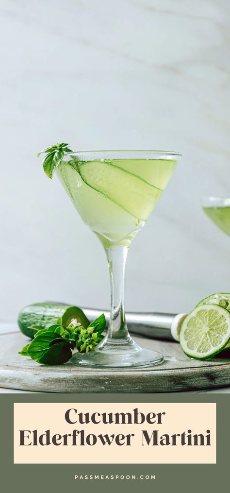 Gin And Elderflower Martini, Pear Elderflower Martini, Cucumber Elderflower Cocktail, Elderberry Martini, Gin Martini Recipes, Cucumber Martini Recipe, Vesper Martini Recipe, Martini Ideas, Interesting Cocktails