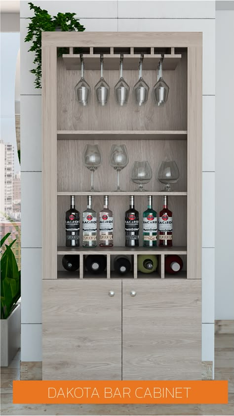 The Dakota Bar Cabinet has you covered when it comes to entertainment. It Comes with a 10-stem glass rack, 5 cubbies for wine or liquor storage, 2 shelves for display décor or short glasses and an underneath cabinet space. Buy real style at great prices! 🌟🍾 Mini Bar Shelves, Wine Bar Interior Design Small Spaces, Wine Bar Design Home, Wine Bar Ideas Home Modern, Wine Rack Kitchen Cabinet, Wine Glass Display Ideas, Wine Bar Ideas Home, Bar Console Cabinet, Bar Unit In Living Room