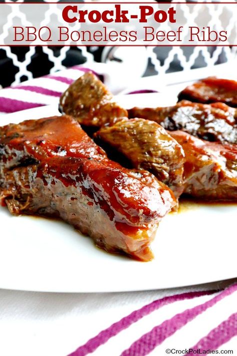 Crock-Pot BBQ Boneless Beef Ribs - Just in time for summer barbecue season is this mouthwatering recipe for tender slow cooked Crock-Pot BBQ Boneless Beef Ribs in a sweet & tangy BBQ sauce! [Gluten Free] #CrockPotLadies #CrockPot #SlowCooker #BeefRecipes #Ribs Crock Pot Boneless Beef Ribs, Bbq Boneless Beef Ribs Crockpot, Beef Country Ribs Crock Pot, Slow Cooker Bbq Ribs Crock Pots, Crockpot Country Style Beef Ribs, Boneless Ribs In The Crockpot, Country Beef Ribs Boneless Crockpot, How To Cook Boneless Beef Ribs, Slow Cooker Boneless Beef Ribs