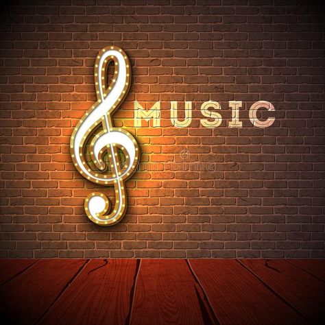 Music illustration with violin key lighting signboard on brick wall background. Vector design for invitation banner stock illustration Banners Music, Free Background Music, Yellow Aesthetic Pastel, Iphone Dynamic Wallpaper, Music Drawings, Music Illustration, Brick Wall Background, Cute Backgrounds For Phones, Music Backgrounds