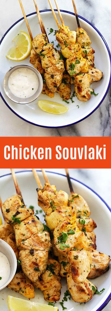 Chicken Souvlaki – juicy and moist grilled Greek chicken souvlaki recipe made with garlic, yogurt, lemon and olive oil. The best chicken on a stick ever | rasamalaysia.com Greek Chicken Souvlaki Recipe, Seafood Skewers, Greek Bbq, Chicken Souvlaki Recipe, Keto Greek, Greek Chicken Souvlaki, Cyprus Food, Souvlaki Recipe, Garlic Yogurt