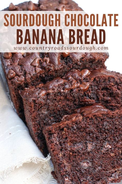 Discover the ultimate easy sourdough chocolate banana bread recipe. Made from scratch with sourdough discard, cocoa powder, and ripe bananas, this quick bread is rich, moist, and chocolatey. Add chocolate chips for extra decadence or make optional muffins for a fun twist. Perfect for a delicious homemade loaf that everyone will love, this recipe is simple to follow and yields irresistibly tasty results. Chocolate Chip Banana Bread Sourdough Discard, Sourdough Chocolate Banana Bread, Sourdough Starter Banana Bread, Discard Banana Bread Recipe, Discard Sourdough Banana Bread, Discard Banana Recipes, Sourdough Banana Chocolate Chip Muffins, Sourdough Banana Nut Bread, Sourdough Discard Chocolate Muffins