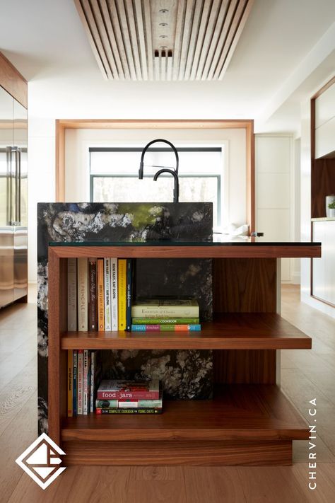 Black quartz open-end kitchen island with walnut open-shelving. Mid Century Modern Kitchen Island, Quartz Kitchen Island, Kitchen Island Ends, Walnut Shelving, Open Kitchen Cabinet, Walnut Wood Kitchen, Walnut Kitchen Island, Functional Kitchen Island, Waterloo Ontario