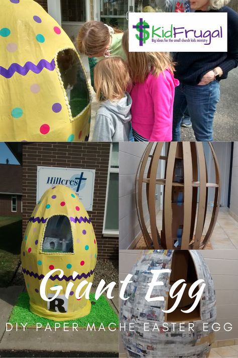 Tutorial for making a human size paper mache egg for Easter using a framework made with cardboard strips and boxes, duct tape and an optionaly broom handle. #GiantEgg #GiantEasterEgg #EasterEgg Jesus In The Wilderness, Easter Outreach, Temptation Of Jesus, Giant Paper Mache, Easter Egg Costume, Egg Box Craft, Egg Project, Easter Egg Projects, Catholic Icing