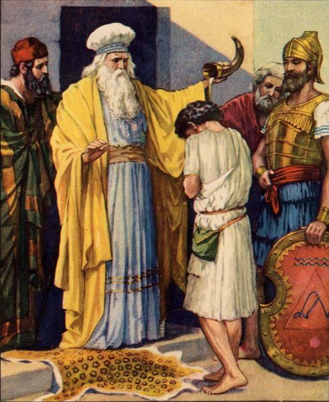 "Then Samuel took the horn of oil and anointed him in the midst of his brothers; and the Spirit of the Lord came mightily upon David from that day forward. And Samuel arose and went to Ramah." (1 Sam 16:13) Samuel Anoints David, Samuel Bible, David Bible, Bible Photos, Bible Artwork, Religious Pictures, Bible Images, Bible Illustrations, Bible Characters