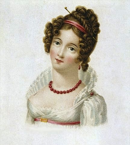 Regency Hairstyle. Pretty standard style, but dressed up. Regency Hairstyles, Regency Hair, Regency Portraits, Young Women Outfits, Regency Costume, Regency Fashion Plates, Empire Fashion, Historical Hairstyles, 1830s Fashion