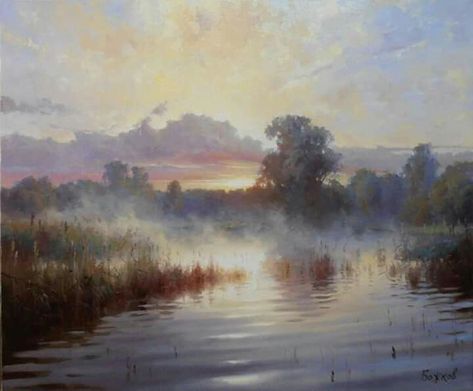 Roman Bozhkov, Foggy Landscape, Russian Landscape, Painting Gallery, Russian Artists, Oil Painting Landscape, Art Plastique, Watercolor Landscape, Wall Photos