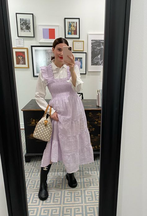 Hill House Dress Styling, Nap Dress Styling, Nap Dress Outfit, Lilac Dress Outfit, Chanel Rain Boots, Dress Styling, Nap Dress, Spring Outfits Dresses, Dress Lilac