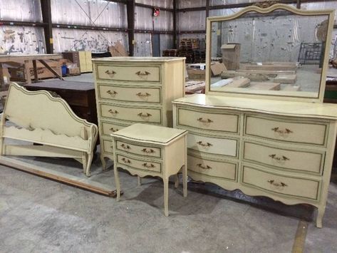 Six Piece Vintage Drexel French Provincial Bedroom Set | St. Cloud Retail Overstock & Returns, Antiques, Basketball Flooring, Mid Century, and More! | K-BID French Provincial Decor Bedroom, French Vision Board, 1970 Furniture, French Country Bedroom Furniture, Bedroom 60s, Vintage Girls Bedroom, Antique French Bedroom, Dresser Projects, French Provincial Bedroom Furniture