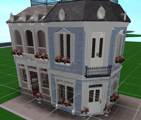 Bloxburg 1800s House, Bloxburg Greece Town, Bloxburg Town House Exterior, French House Bloxburg, Things To Add To Your Bloxburg Town, Bloxburg City House, Bloxburg City Build, Alaska Violet Profile Bloxburg, Bloxburg City Buildings