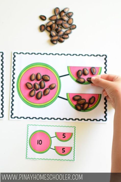 Hands-on learning on #numberbonds #preschool #kindergarten #math #literacy #watermelon Addition Activities Preschool, Math Worksheets For Kids, Mathematics Activities, School Age Activities, Addition Kindergarten, Subtraction Games, Addition Activities, Subtraction Activities, Number Bonds