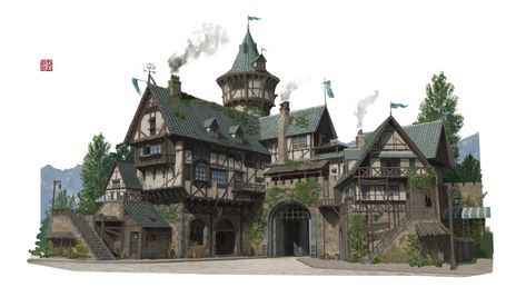 ArtStation - 008, . 1313 Medieval Library Concept Art, Fantasy Buildings Art, Medieval House Concept Art, Medieval Farmhouse, Castle Medieval, Witchy House, Minecraft City Buildings, Fantasy City Map, Medieval House