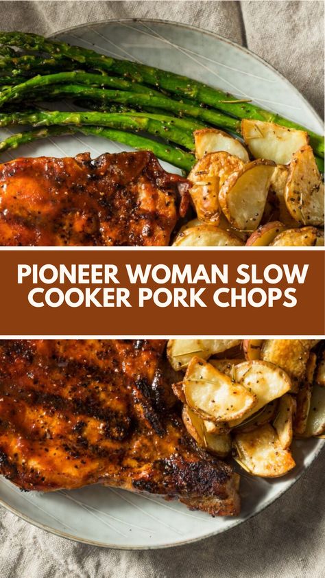 Pioneer Woman Slow Cooker Pork Chops are made with seasoned, thick boneless pork chops, garlic, and chicken broth. Serves 6 and takes about 6-8 hours on low or 3-4 hours on high in the slow cooker perfect for tender, flavorful pork chops. Porkchops Crockpot Bone In, Pioneer Woman Pork Chop Recipes, Keto Slow Cooker Pork Chops, Best Crock Pot Pork Chops, Boneless Pork Loin Chops Recipes Slow Cooker, Bone In Pork Chops Slow Cooker, Slower Cooker Pork Chops Easy Recipes, Balsamic Pork Chops Crock Pot, Pork Chops No Bone