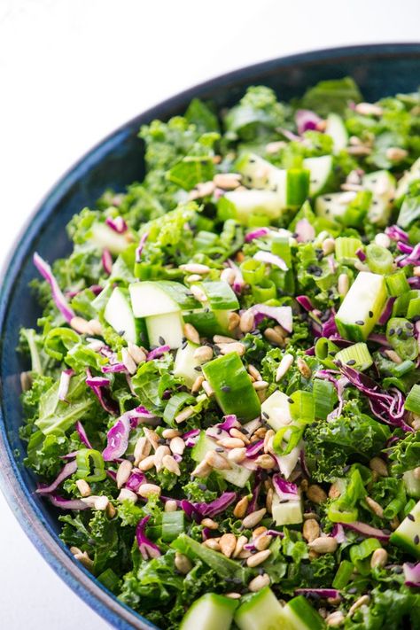 Spring Kale & Cucumber Salad with Honey-Ginger Dressing Recipe Using Kale, Healthy Liver Diet, Ginger Salad Dressings, Veggie Side Dish Recipes, Chopped Kale, Red Cabbage Salad, Kale Salad Recipes, Leafy Green Salads, Honey Ginger