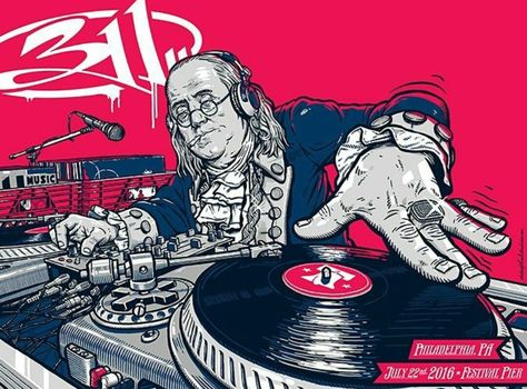 311 Philadelphia 311 Band, Vinyl Records Art, Philadelphia Poster, Concert Poster Design, Dj Art, Action Pose Reference, Music Illustration, Vintage Poster Design, Ben Franklin