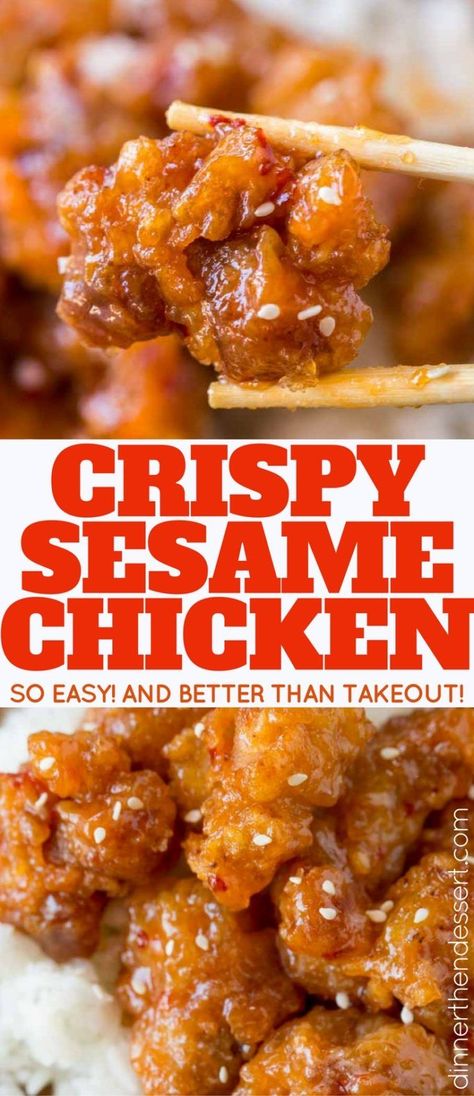 Crispy Sesame Chicken is easy to make with super crispy batter and delicious sesame sauce you'll skip the takeout! Crispy Sesame Chicken, Easy Sesame Chicken, Chinese Chicken Recipes, Sesame Chicken Recipe, Better Than Takeout, Mapo Tofu, Chicken Easy, Sesame Sauce, Easy Chinese Recipes