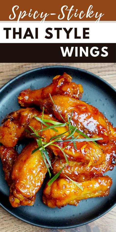 Thai Wings Recipe, Crunchy Chicken Wings, Thai Chicken Wings Recipe, Thai Wings, Sticky Wings Recipe, Spicy Chicken Wings Recipe, Air Fryer Recipes Chicken Wings, Marinated Chicken Wings, Sticky Chicken Wings