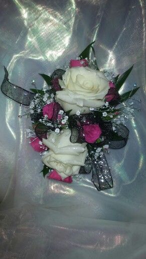 Hot Pink And White Corsage, Pink And Black Corsage, Pink And White Corsage, Black Corsage, Prom Flowers Corsage, White Corsage, Homecoming Flowers, Neon Pink Dresses, Prom 2022