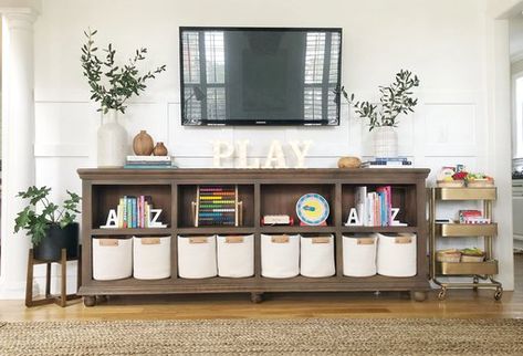 The 6 Family Room Toy Storage Ideas That Every Parent Should Know About Family Room Toy Storage, Room Toy Storage Ideas, Family Room Playroom, Loft Playroom, Toy Storage Ideas, Coastal Oak, Living Room Playroom, Playroom Storage, One Room Challenge