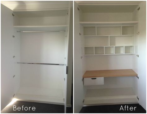 Before and after - wardrobe into a study desk (for a nursery & study combo room) Wardrobe Desk Combo, Cloffice Ideas, Cupboard Ideas, Closet Desk, Hidden Desk, Hidden Room, Desk Wardrobe, Home Office Closet, Office Closet