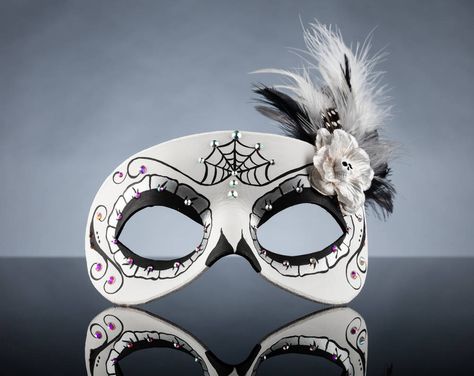 Day of the Dead silver deluxe mask by maskedzone on DeviantArt Masquerade Dance, Ball Outfits, Day Of The Dead Mask, Spiderweb Design, Flower Pedals, Red Day, Skull Clothing, Leather Mask, Sugar Skull Art