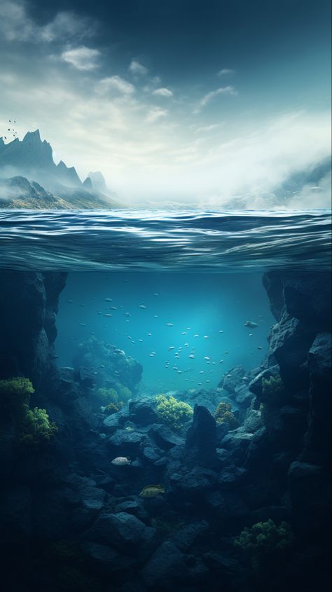 Above And Below Water Art, Underwater Landscape Illustration, Underwater Background Drawing, Underwater Scene Painting, Under Sea Wallpaper, Half Underwater Photography, Ocean Floor Drawing, Underwater Digital Art, Shipwreck Underwater