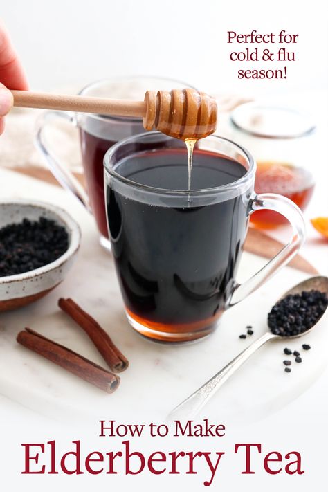 Here's how to make Elderberry Tea in just minutes! All you need is 3 simple ingredients to make this antioxidant-packed recipe at home. Elderberry Recipes Immune System, Elderberries Recipes, Elderberry Tea Recipe, Dried Elderberries, Cinnamon Water, Elderberry Tea, Tea Facts, Elderberry Juice, Homemade Elderberry