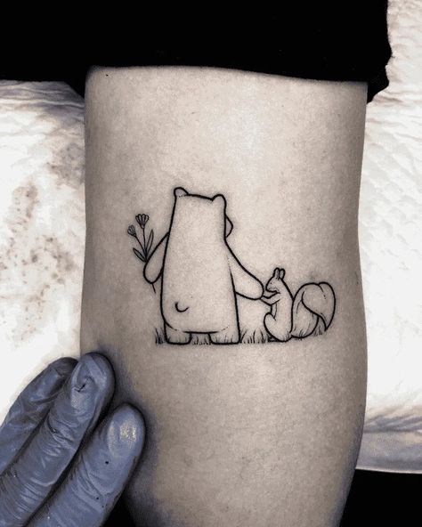 Bear And Bird Tattoo, Tattoo Ideas Bear, Squirrel Tattoo Ideas, Bear Tattoo Ideas, Squirrel Tattoo, Sunshine Tattoo, Bear Tattoo Designs, Duck Tattoos, Peacock Tattoo