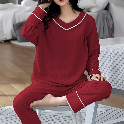 Women's Pajamas Nighty Pjs Sets 2 Pieces Pure Color Fashion Simple Comfort Home Daily Bed Cotton Breathable Gift V Wire Long Sleeve Pant Elastic Waist Basic Spring Fall Black Light Green 2024 - $32.99 Cotton Pajama Set Women, Comfort Home, Cotton Pajamas Women, Winter Pajamas, Women's Pajamas, Cotton Pajama Sets, Casual Home, Womens Pyjama Sets, Color Fashion