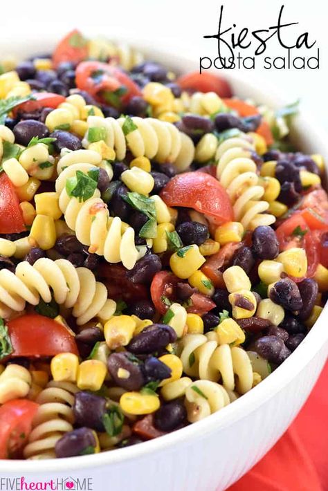 Fiesta Pasta Salad ~ this Mexican pasta salad is loaded with corn, black beans, tomatoes, jalapeño, cilantro, and a fresh lime vinaigrette for a zesty, flavorful, summer side dish! | FiveHeartHome.com Fiesta Pasta Salad, Bean Pasta Recipes, Mexican Pasta Salad, Black Bean Pasta, Mexican Pasta, Cold Pasta Salad Recipes, Pastas Recipes, Side Salad Recipes, Summer Side Dish