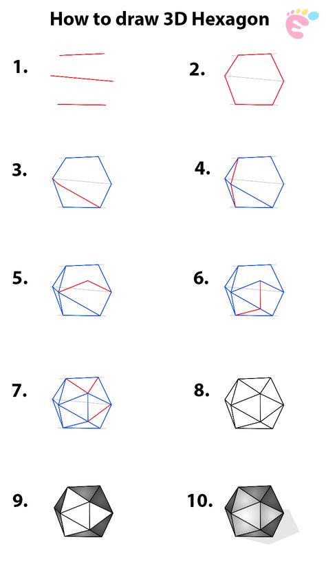 How To Draw 3d Shapes Step By Step, Hexagon Sketch, Hexagon Art Drawing, Hexagon Doodle, How To Draw 3d Shapes, 3d Geometric Shapes Drawing, 3d Shapes Drawing, Hexagon Drawing, Polygon Drawing