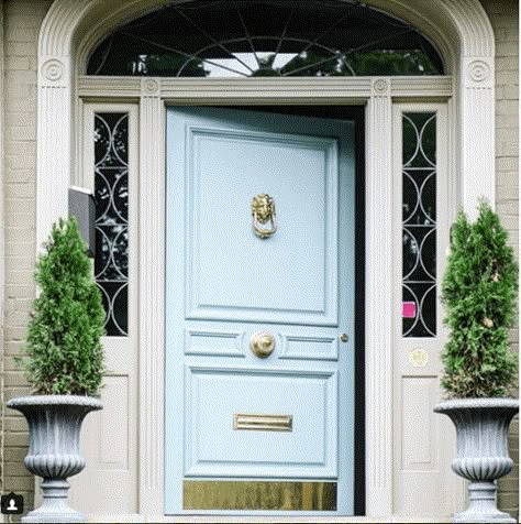 French Style Front Door, Blue Door Interior, Blue Exterior Door, Blue Door House, Potted Boxwood, Door Knockers Vintage, Exterior Door Colors, Garage Door Types, Oval Room Blue