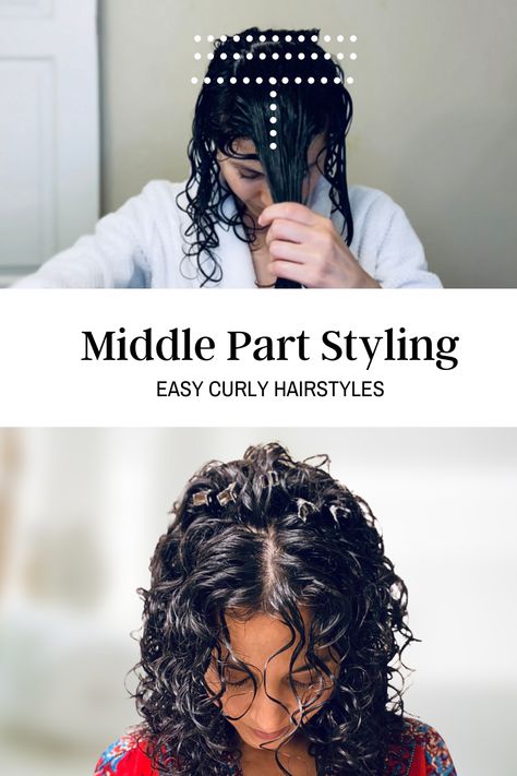 This Middle Part Styling Techniques for Wavy and Curly Hair adds volume at the crown and lift at the roots. Curly Center Part, 3b Curly Hair Middle Part, Center Part Wavy Hair, Volume At Roots Curly Hair, Root Lift For Curly Hair, Center Part Curly Hair, Curly Hair Parted In The Middle, Curly Hair Volume Roots, Curly Hair Parting