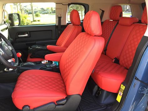 Clazzio Leather Seat Covers - 2014 FJ Cruiser by Clazzio  Quilted Red with Black Stitch Fj Cruiser Interior, Fj Cruiser Accessories, Fj Cruiser Mods, Toyota Offroad, 2014 Fj Cruiser, Toyota Cruiser, Black Stitch, Leather Seat Covers, Car Upholstery