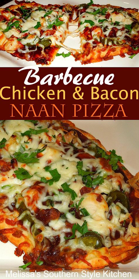 Barbecue Chicken and Bacon Naan Pizza Recipe Easy Barbecue Chicken, Bbq Chicken Pizza Recipe, Chicken Flatbread Pizza, Naan Bread Pizza, Barbecue Pizza, Naan Pizza Recipes, Barbecue Chicken Pizza, Chicken Pizza Recipes, Recipes With Naan Bread