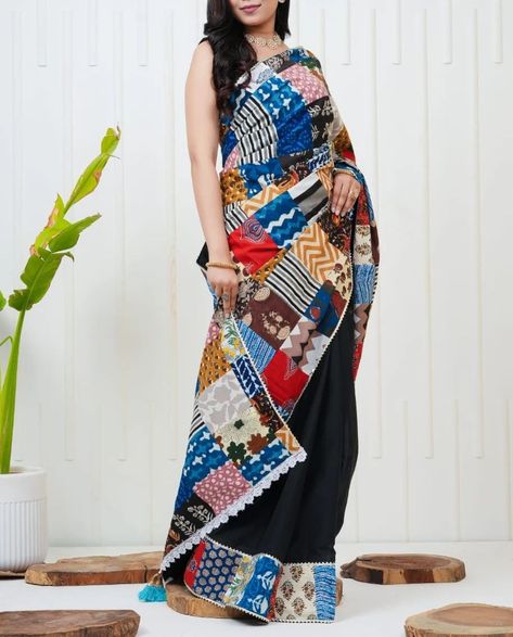 ***COTTON SAREE WITH PATCHWORK ~Each saree has different vibrant patches, promoting sustainable fashion. ~Width 44 ~Length 5.5m ~Printed patch blouse material:-1 mtr CODE: HPOO1358 **Humble Pleats offers ALL INDIA FREE SHIPPING **Accepts online payments. Do not offer exchanges, cash on delivery, or returns - except for damaged products. In the case of a damaged product, it must be in its original condition in order to be eligible for a return.***Light smudges, mild colour difference,sma... Multicolor Cotton Pre-draped Saree With Unstitched Blouse, Multicolor Cotton Silk Pre-draped Saree With Unstitched Blouse, Traditional Multicolor Block Print Saree, Multicolor Block Print Pre-draped Saree For Navratri, Navratri Multicolor Pre-draped Saree With Block Print, Patch Blouse, Onam Saree, Onam Festival, Saree Styling