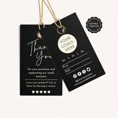 "Editable hang tag for your apparel business. This minimalist hang tag template includes price and sizing. It's the perfect hang tag for small businesses, boutiques, retail, and more! This template is fully editable and easy to edit. No software is needed, you can edit it in your browser This is a digital product. No physical product will be shipped to you. - Edit with Canva. A free online graphic design tool that is super easy to use. - Instant download. You can access the template immediately after your purchase. - Easy-to-edit, fully customizable template. Check out other designs like this in our shop: https://www.etsy.com/shop/Kassiopeiart WHAT YOU'LL GET: ----------------------------------------------------------- Two-sided hang tag ( 2 x 3.5\") More than 20+ social media icons in mul Clothing Brand Tags Ideas, Thank You Hang Tag, Clothe Tags Label, Hand Tag Design Clothing, Price Tag Design Clothing, Clothing Tags Design, Price Tags Design, Brand Tag Design, Clothing Tags Label