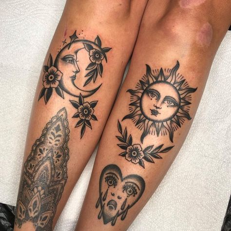 Old School Sun And Moon Tattoo, Moon Elbow Tattoos For Women, Traditional Style Sun And Moon Tattoo, Traditional Style Mandala Tattoo, Sun Moon Tattoo Traditional, Masculine Sun Feminine Moon Tattoo, Matching Calf Tattoos For Women, Neotraditional Sun And Moon, Sun And Moon Calf Tattoo