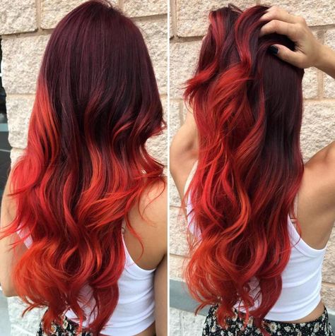 Burgundy To Red Ombre Bright Red Hair Dye, Bright Red Hair Color, Red Bob Hair, Trendy We Fryzurach, Red Hair Looks, Red Ombre Hair, Dyed Red Hair, Neon Hair, Hair Dyes