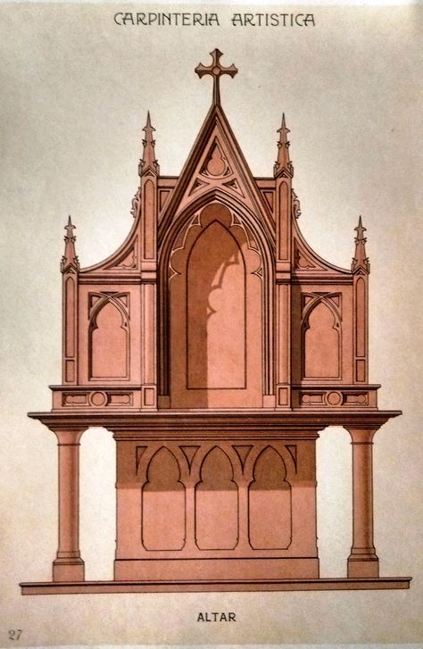 Altar Drawing, Dream Altar, Gothic Altar, Gothic Architecture Drawing, Gothic Library, Altar Design, Art Nouveau Furniture, Gothic Furniture, Altar Decorations