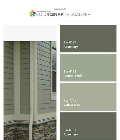 Looking for a good contrasting color palette to update the exterior of your home?  We love these colors from the Sherwin Williams Color Snap App.  Interested in seeing what colors would look good on your home exterior?  We partner with Sherwin Williams and their Color Consultants, they will come out to you to discuss your color options and what would work best for you.  Reach out to us today to set up your FREE Estimate! Shades Of Green Exterior House Paint, Green Queenslander Exterior, Sherwin Williams Exterior Color Palette, Sherwin Williams Exterior House Colors Colour Palettes, Green Exterior Home Colors, Green And Beige House Exterior, Sage Green Exterior House Colors Farmhouse, Sage Green Exterior House Colors Sherwin Williams, Green Exterior Color Schemes