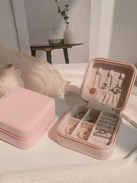 1pc Solid Jewelry Storage Box | SHEIN USA Pochette Diy, Penyimpanan Makeup, Travel Jewellery Box, Personalized Ring Box, Personalized Jewelry Box, Travel Jewelry Box, Jewelry Safe, Travel Jewelry Case, Small Jewelry Box